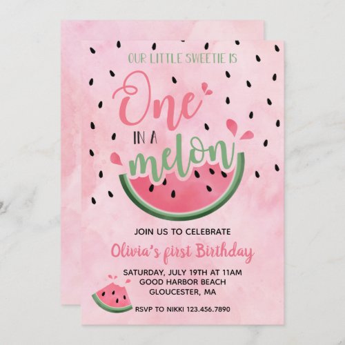 One in a Melon Watermelon watercolor 1st Birthday Invitation