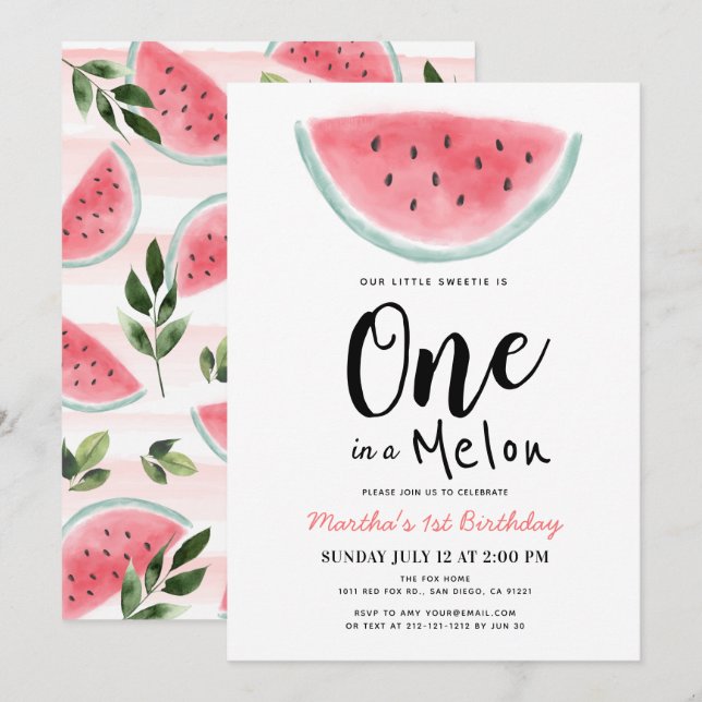 One in a Melon Watermelon Watercolor 1st Birthday  Invitation (Front/Back)