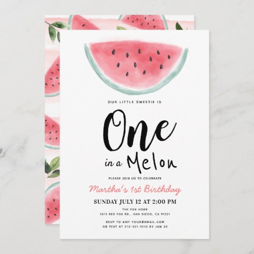 One in a Melon Watermelon Watercolor 1st Birthday  Invitation