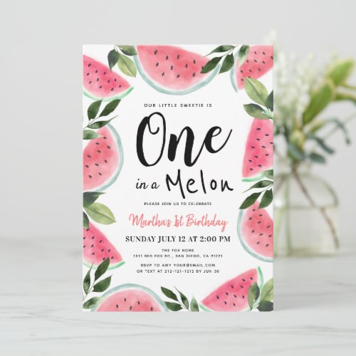 One in a Melon Watermelon Watercolor 1st Birthday  Invitation