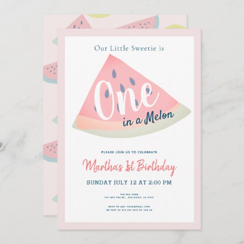 One in a Melon Watermelon White 1st Birthday Invitation