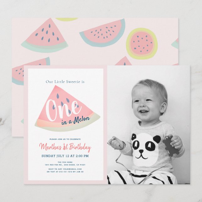 One in a Melon Watermelon White 1st Birthday Photo Invitation (Front/Back)