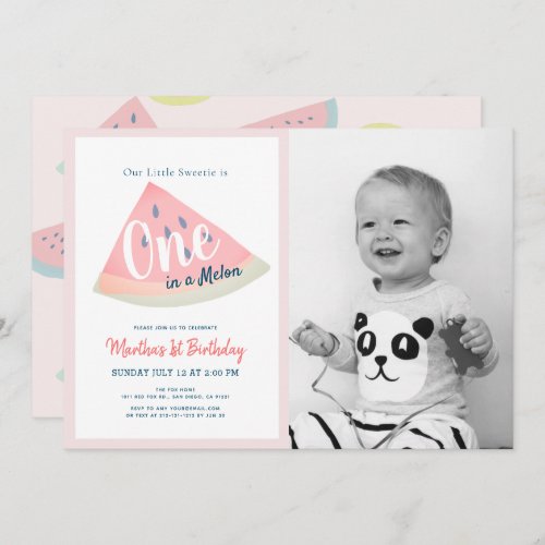 One in a Melon Watermelon White 1st Birthday Photo Invitation