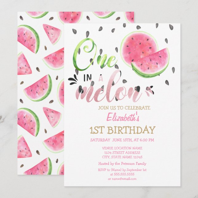 One In A Melon Watermelons 1st Birthday  Invitation (Front/Back)