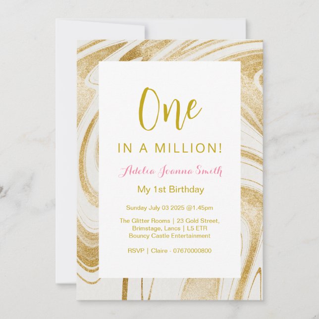 One in a million, Gold 1st birthday invitation  (Front)