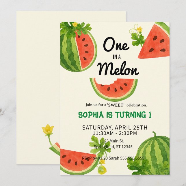 One in a Watermelon! 1st Birthday Party Invitation (Front/Back)