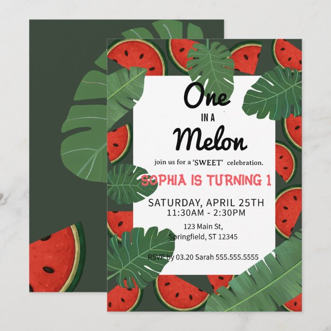 One in a Watermelon! 1st Birthday Party Invitation (Front/Back)