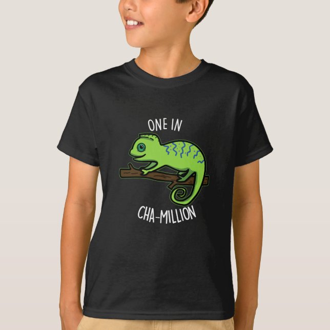 One In Cha-Million Funny Chameleon Pun Dark BG T-Shirt (Front)