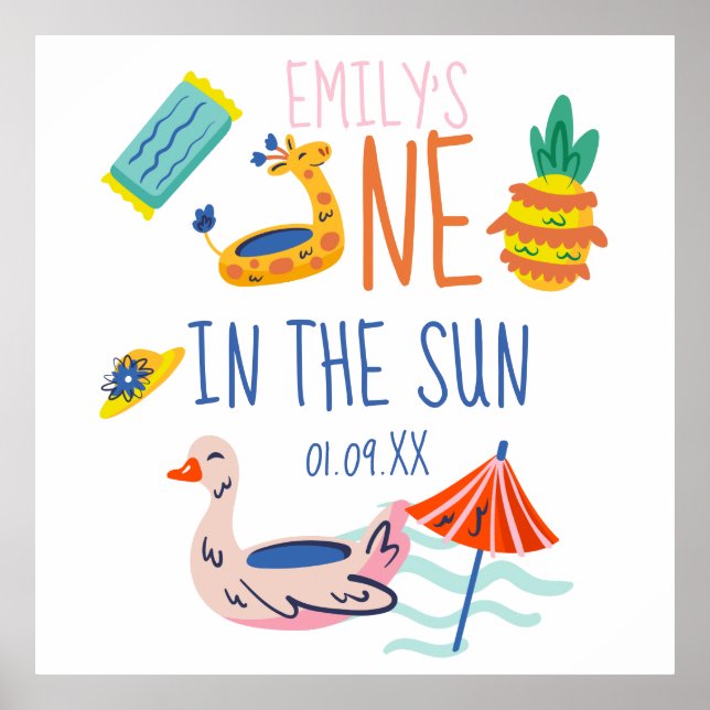 One in in the sun first birthday party pool doodle poster (Front)