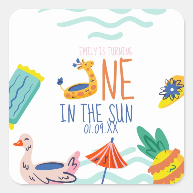 One in in the sun first birthday party pool doodle square sticker (Front)