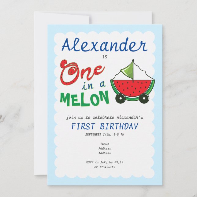 One in Melon Blue Cute Boat Pull Toy 1st Birthday Invitation (Front)