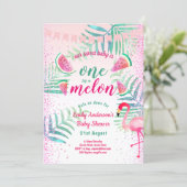 One in Melon Tropical Flamingo Watermelon Pink Invitation (Standing Front)