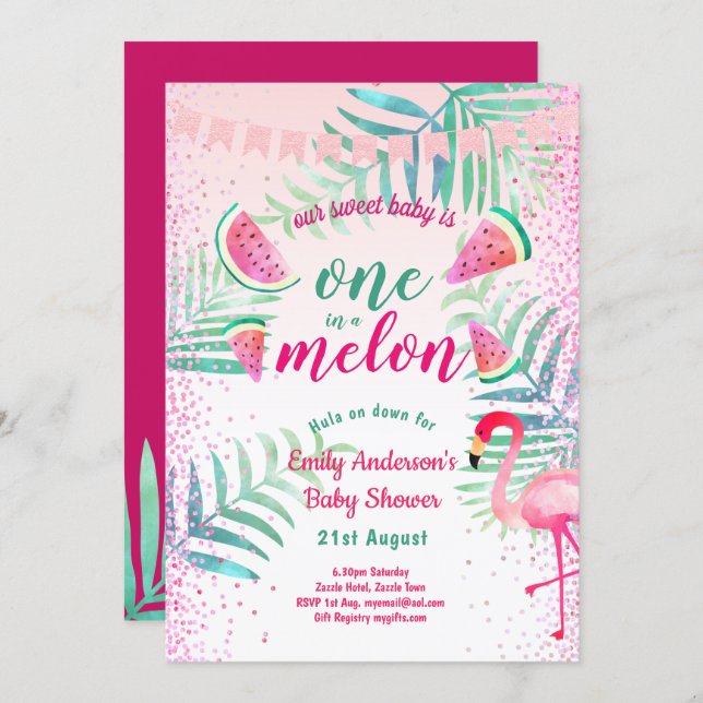 One in Melon Tropical Flamingo Watermelon Pink Invitation (Front/Back)