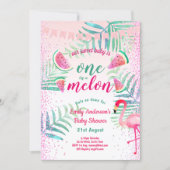 One in Melon Tropical Flamingo Watermelon Pink Invitation (Front)