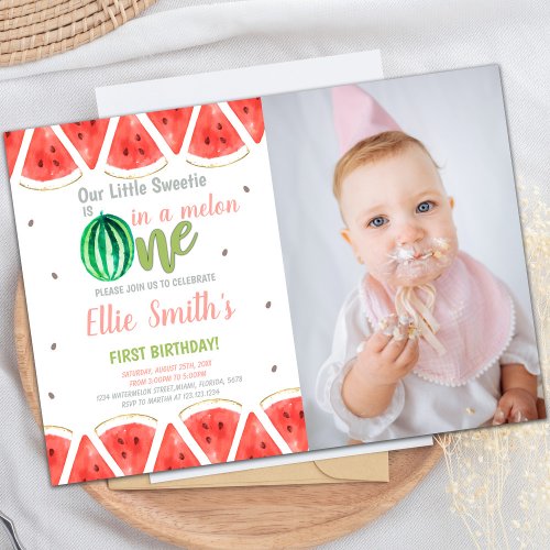 One in melon Watermelon Birthday Invitations photo