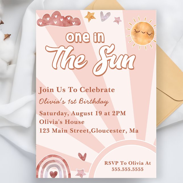 One In The Sun 1st Birthday Pink Rainbow Invitation (Creator Uploaded)