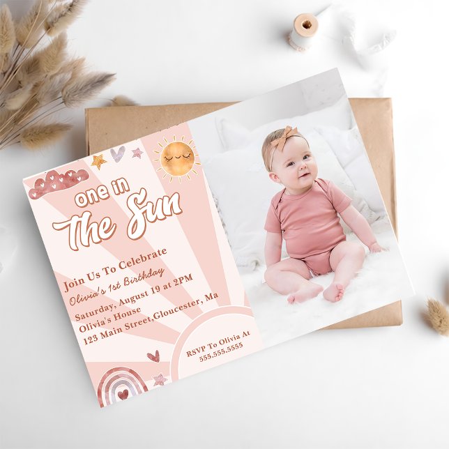 One In The Sun 1st Birthday Pink Rainbow Photo Invitation (Creator Uploaded)