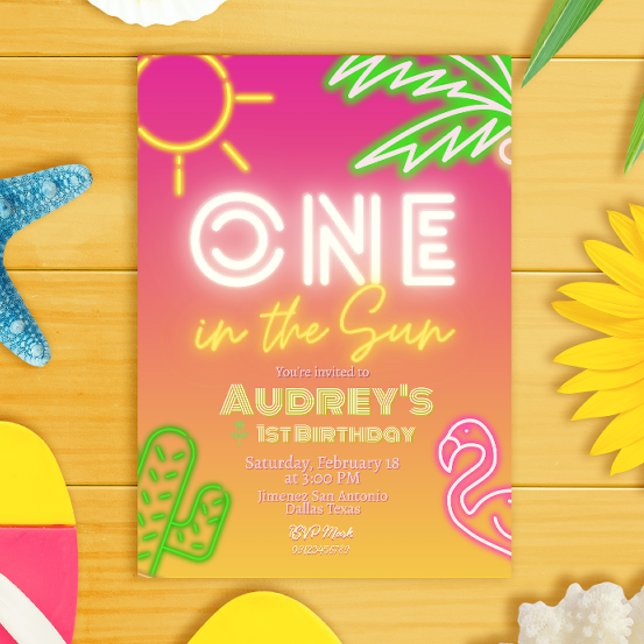 One in the Sun - Girl 1st Birthday Invitation (One in the Sun - Girl 1st Birthday Pink Invitation - Pool Party)
