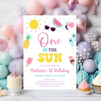 One In The Sun Girl Pool Party 1st Birthday Invitation by LittlePrintsParties at Zazzle