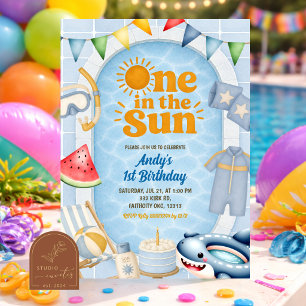 One in the sun Pool birthday party Invitation