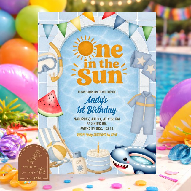 One in the sun Pool birthday party Invitation (Creator Uploaded)