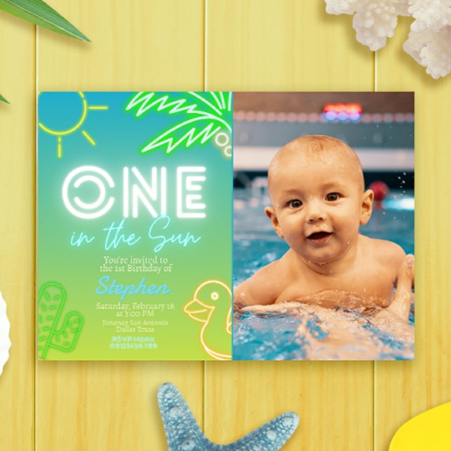 One in the Sun - Pool Party Invitation (One in the Sun - Pool Party Landscape Invitation with Photo Picture)