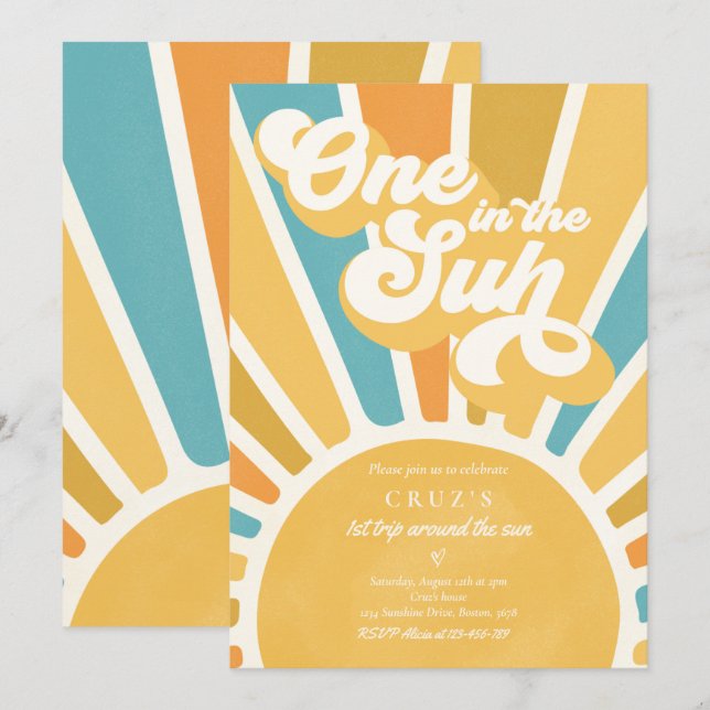 One In The Sun Sunshine 1st Birthday Retro Blue  Invitation (Front/Back)