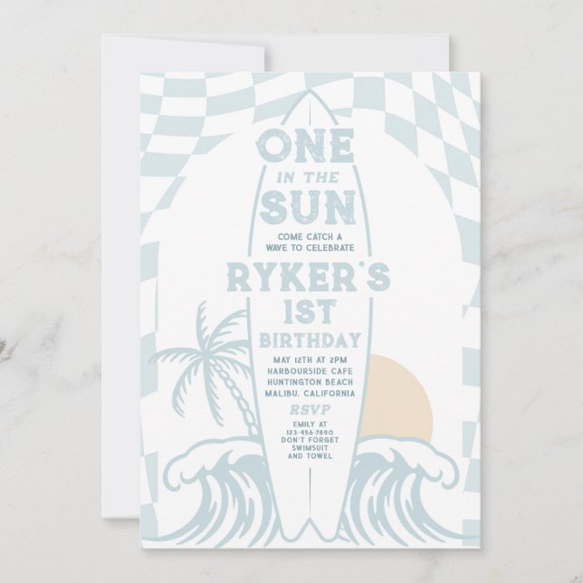 One In The Sun Surf Surfboard 1st Birthday Party Invitation (Front)