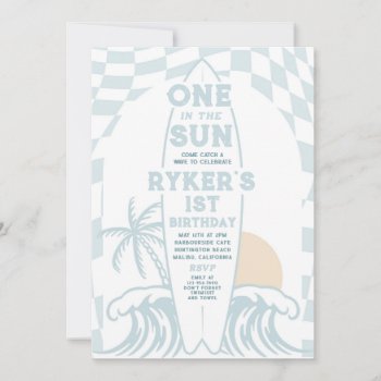 One In The Sun Surf Surfboard 1st Birthday Party Invitation by PixelPerfectionParty at Zazzle