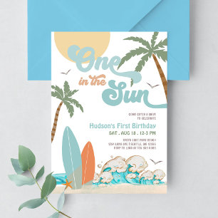 ONE In The SUN Surfing 1st Birthday Beach Party Invitation