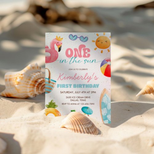 One In The Sun Tropical Beach 1st Birthday Party Invitation