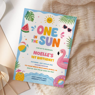 One in the Sun Whimsical Pool Party 1st Birthday Invitation