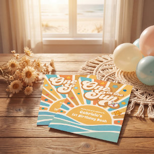 One in the sunshine retro blue 1st birthday Invitation