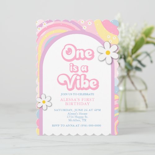 One is a Vibe Groovy Retro Girl Pastel Colors Invitation