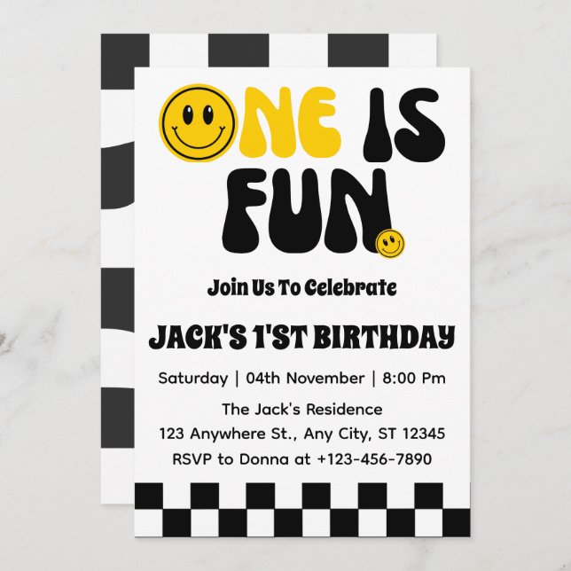 One Is Fun  Boy First Birthday  Invitation (Front/Back)