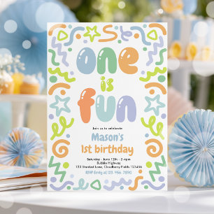 One Is Fun Colorful Confetti Balloon 1st Birthday Invitation