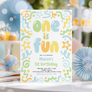 One Is Fun Colorful Confetti Balloon 1st Birthday Invitation