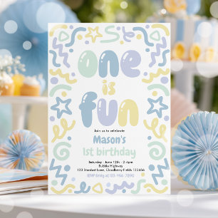 One Is Fun Colorful Confetti Balloon 1st Birthday Invitation