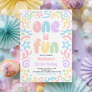 One Is Fun Colorful Confetti Balloon 1st Birthday Invitation
