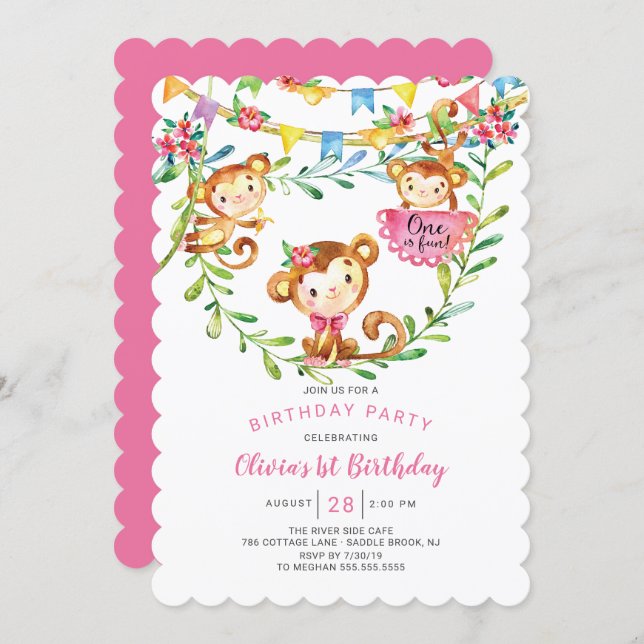 One Is Fun Monkey 1st Birthday Invitation (Front/Back)