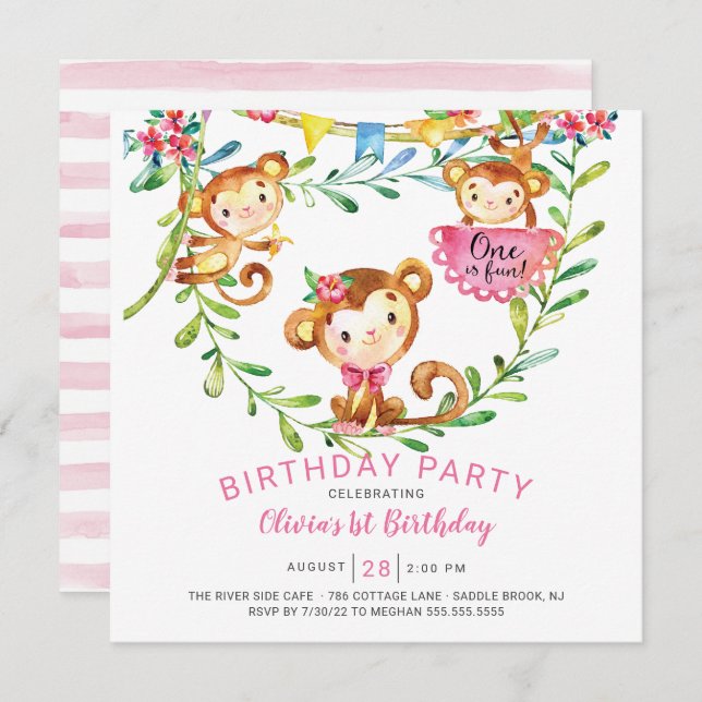 One Is Fun Monkey 1st Birthday Invitation (Front/Back)