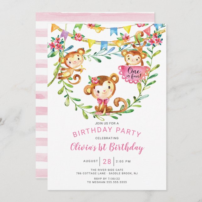 One Is Fun Monkey 1st Birthday Invitation (Front/Back)