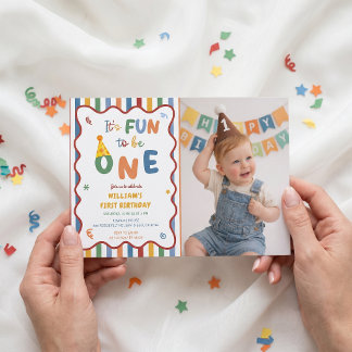 One is Fun Party Hat 1st Birthday Invitation Photo