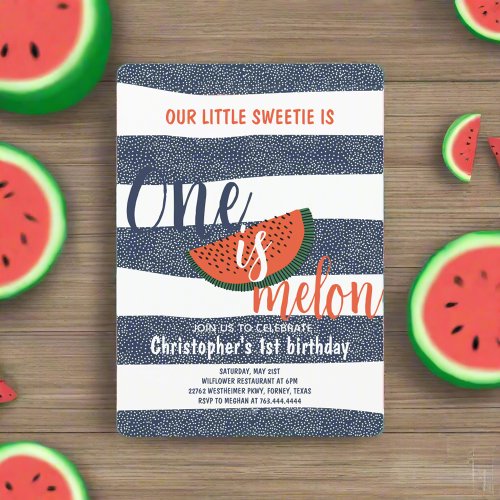 One is Melon 1st Birthday Cute Watermelon Striped Invitation