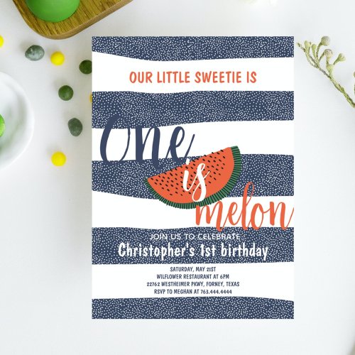 One is Melon 1st Birthday Party Watermelon Sriped Invitation