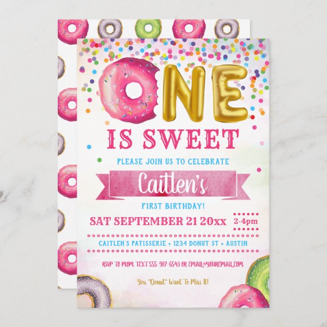 One Is Sweet Donut First Birthday Confetti Invitation (Front/Back)