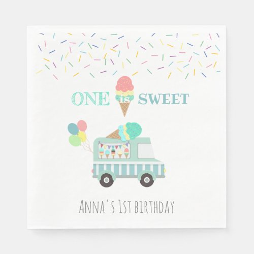 One is Sweet ice cream first birthday personalized Napkins