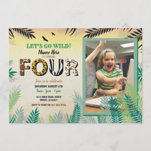 One Jungle 4th Birthday Party 4 Safari ZOO Photo Invitation
