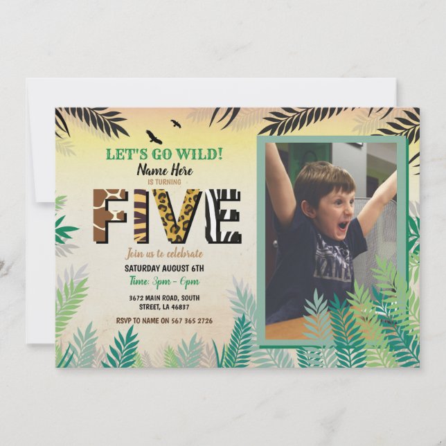 One Jungle 5th Birthday Party 5 Safari ZOO Photo Invitation (Front)