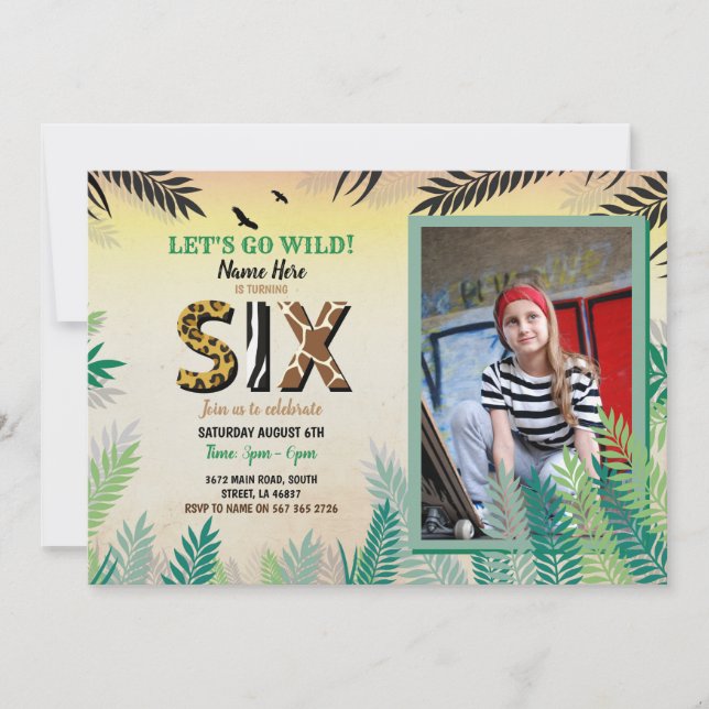 One Jungle 6th Birthday Party 6 Safari ZOO Photo Invitation (Front)